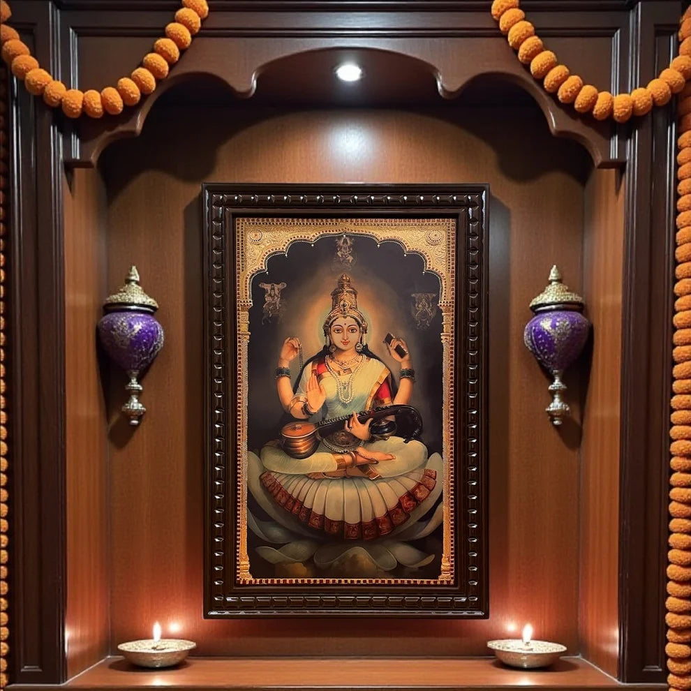 Saraswati White & Red Saree Gold Leafed Art With Wooden Frame