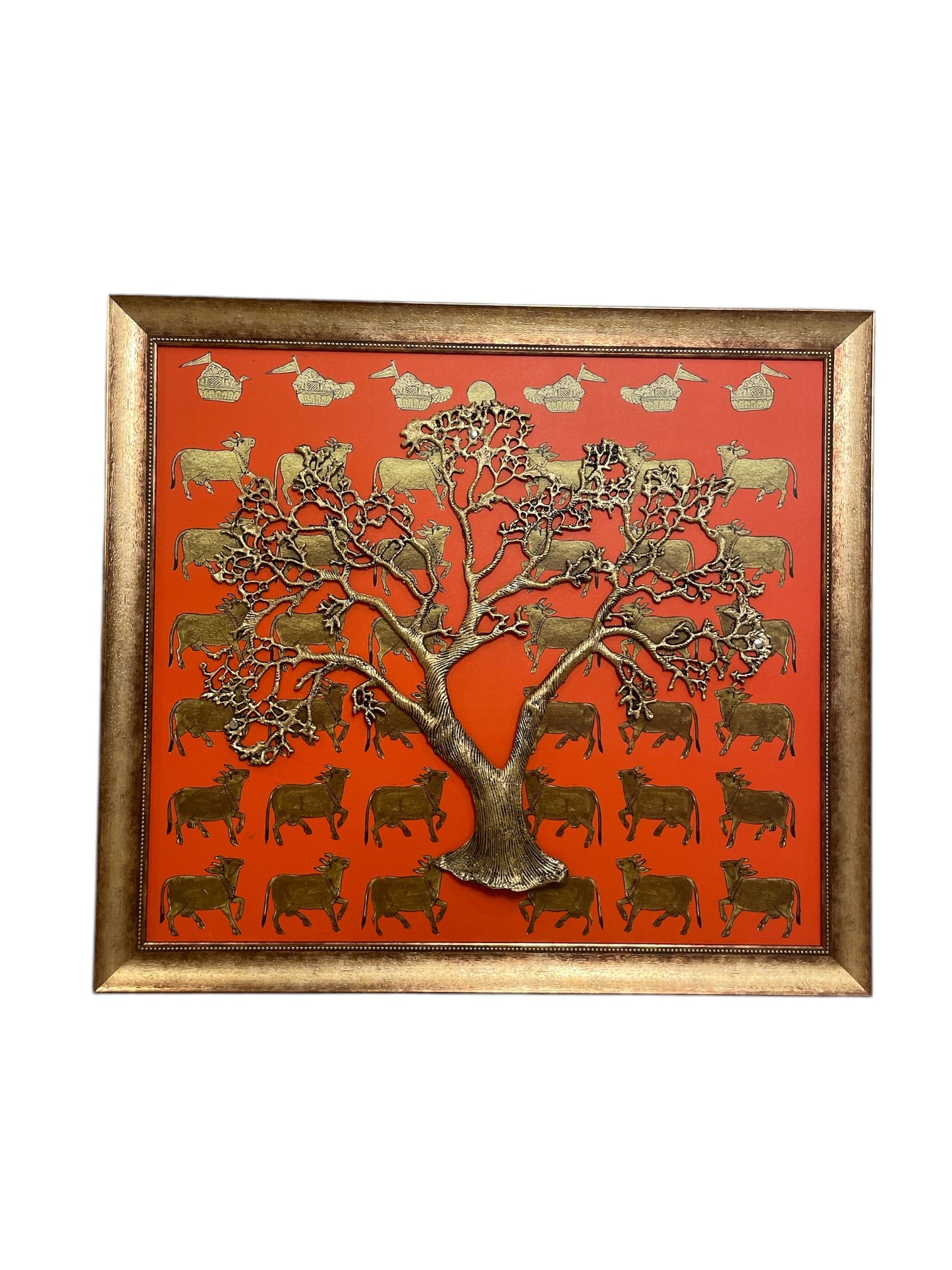 Metal Kalpavriksha With Kamadhenu Backdrop in moulded Frame