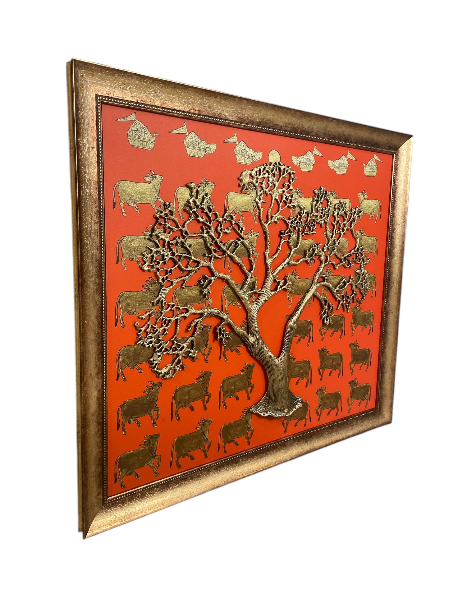 Metal Kalpavriksha with orange & Gold kamadhenu Backdrop in Moulded Frame