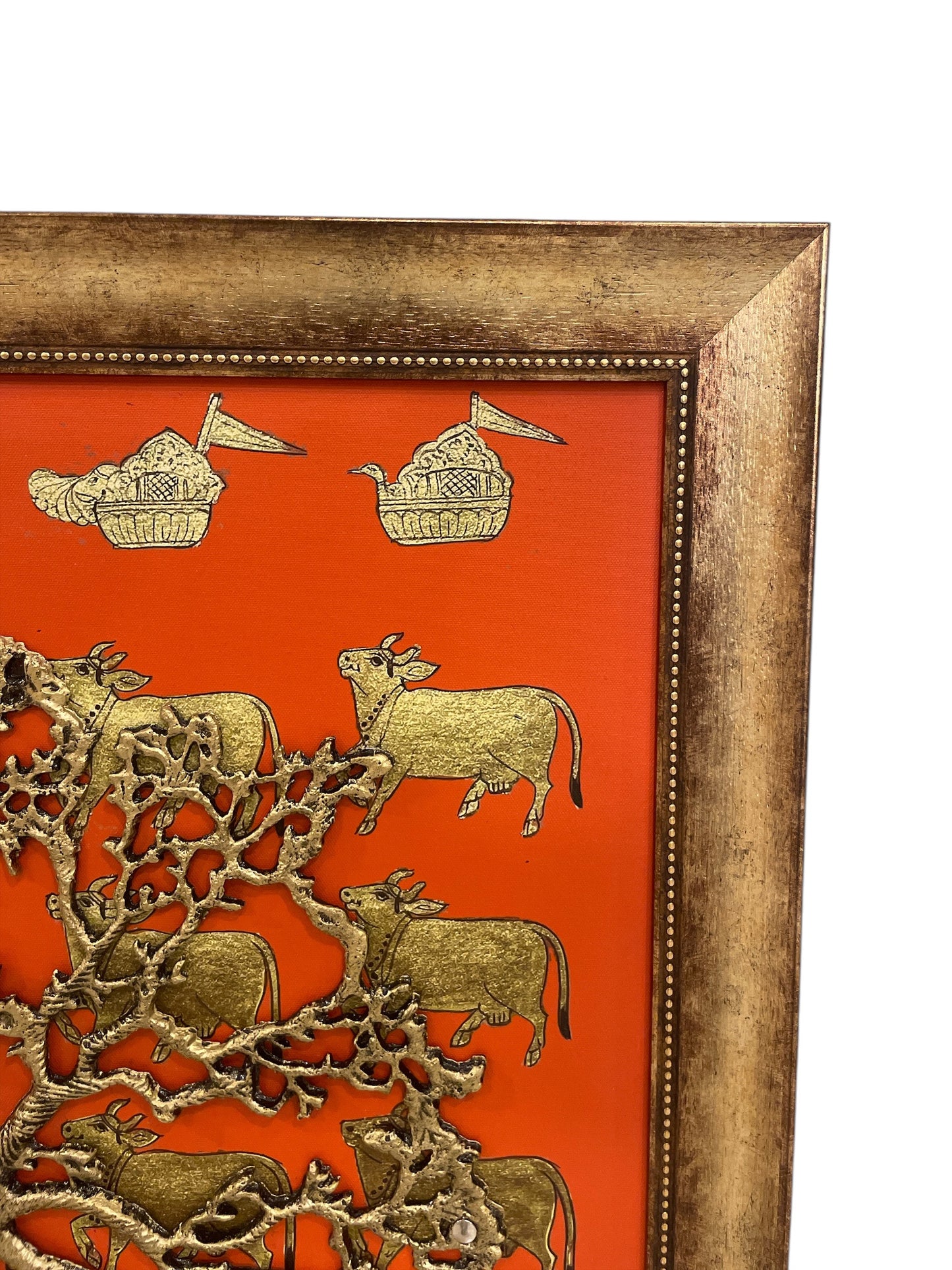 Metal Kalpavriksha with orange & Gold kamadhenu Backdrop in Moulded Frame