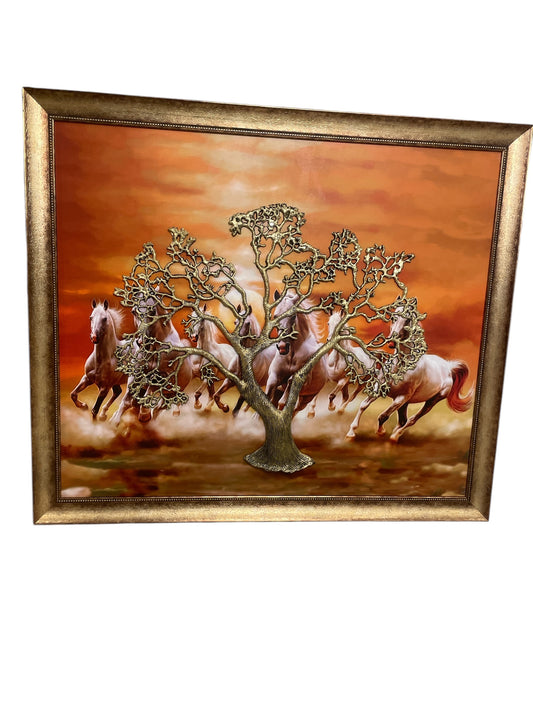 Metal Kalpavriksha in Gold color with Seven Running Horses Backdrop