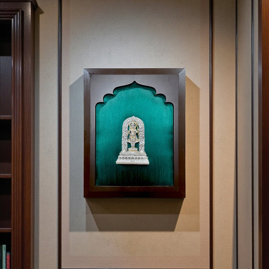 92.5 Sterling Silver Ram Statue Wall Art with Green Silk Backdrop &Wooden Frame