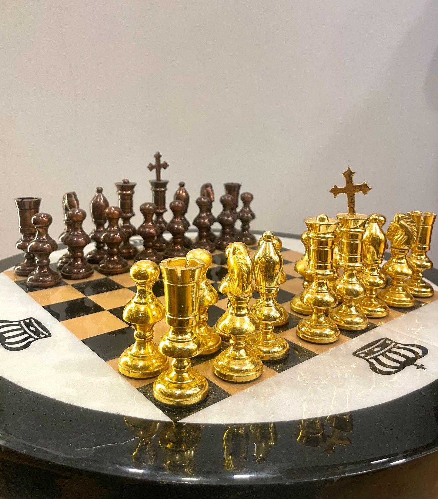 Luxurious Inlay Table with Crown Markings, Gold-Plated/Bronze Accents