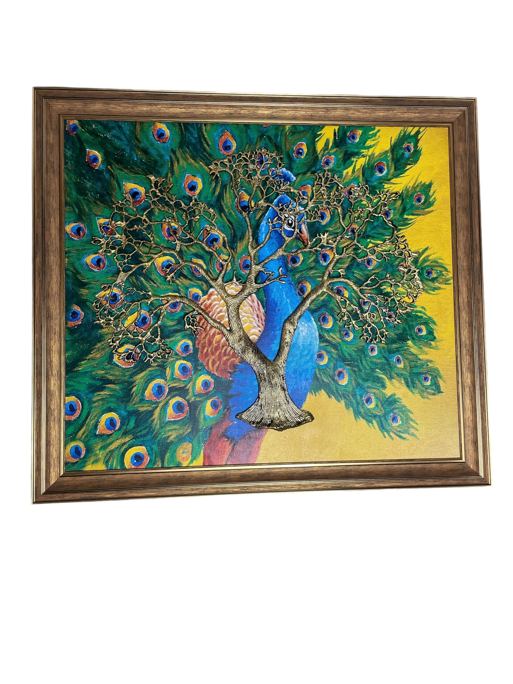 Metal Kalpavriksha Gold color with Peacock Backdrop in moulded Frame