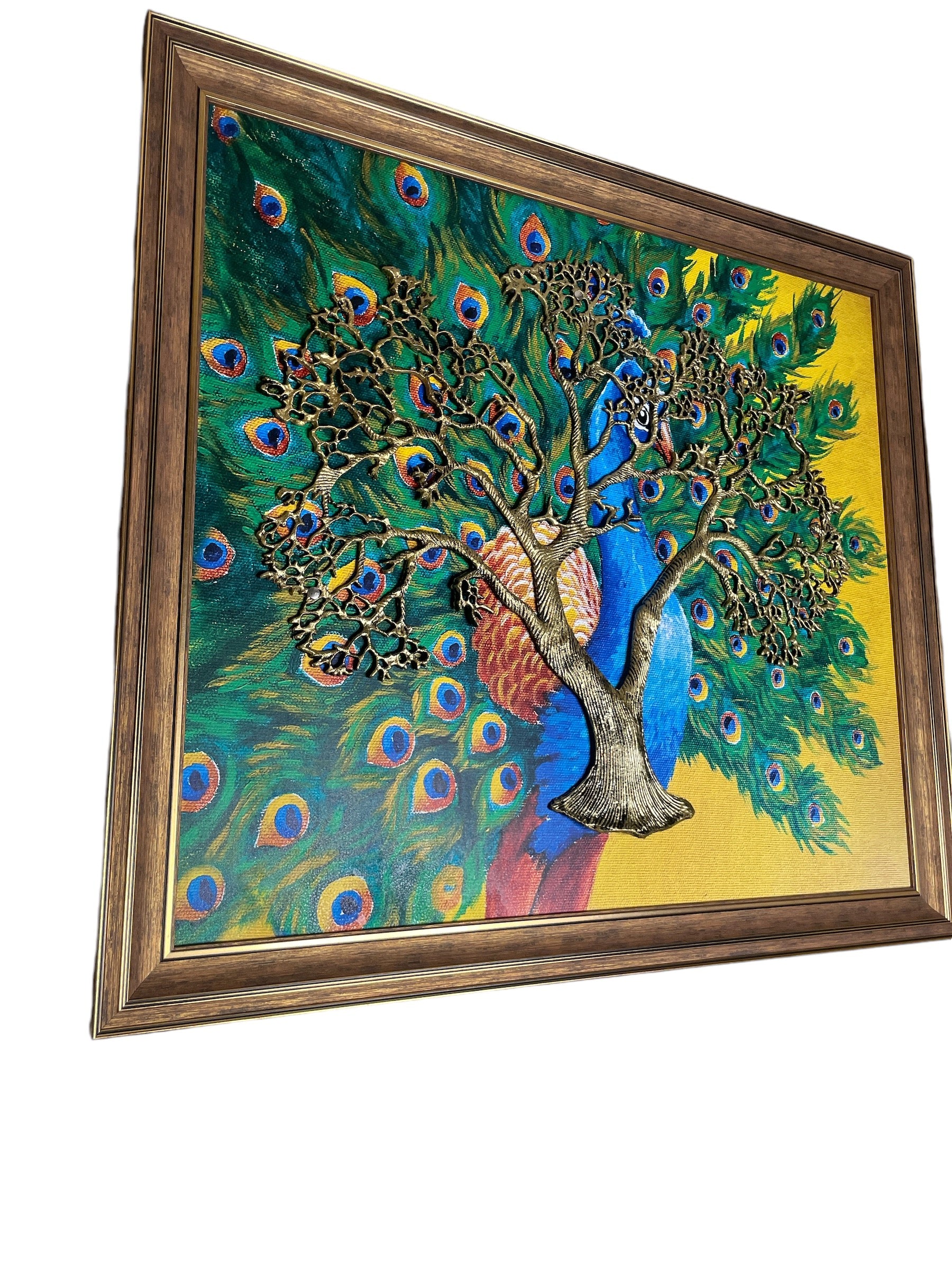 Metal Kalpavriksha Gold color with Peacock Backdrop in moulded Frame