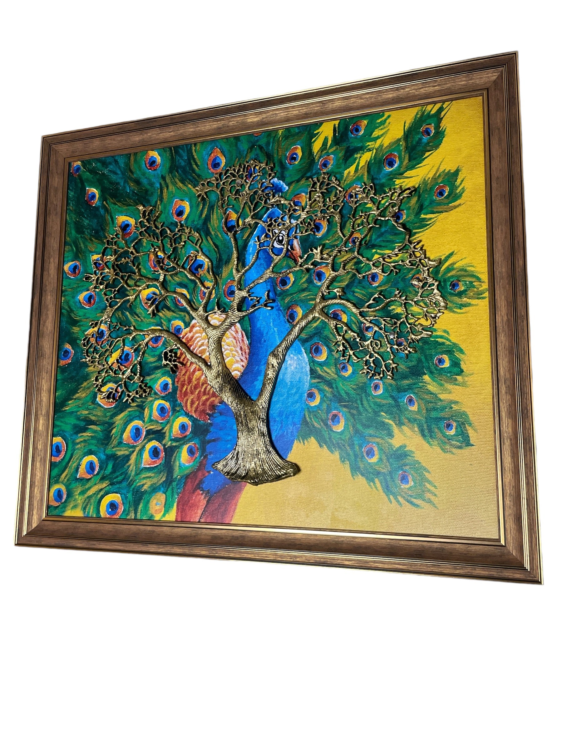 Metal Kalpavriksha Gold color with Peacock Backdrop in moulded Frame