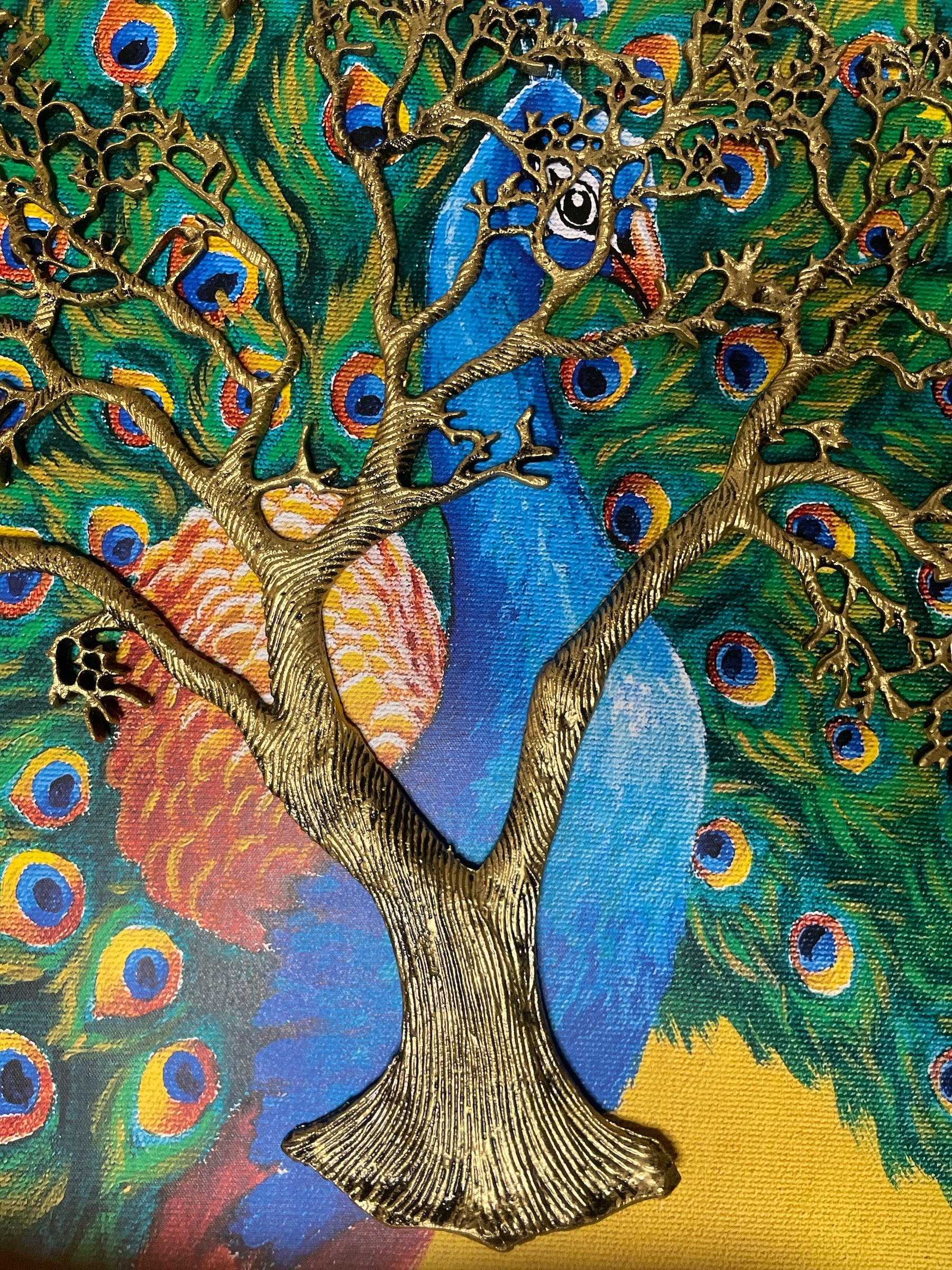 Metal Kalpavriksha Gold color with Peacock Backdrop in moulded Frame