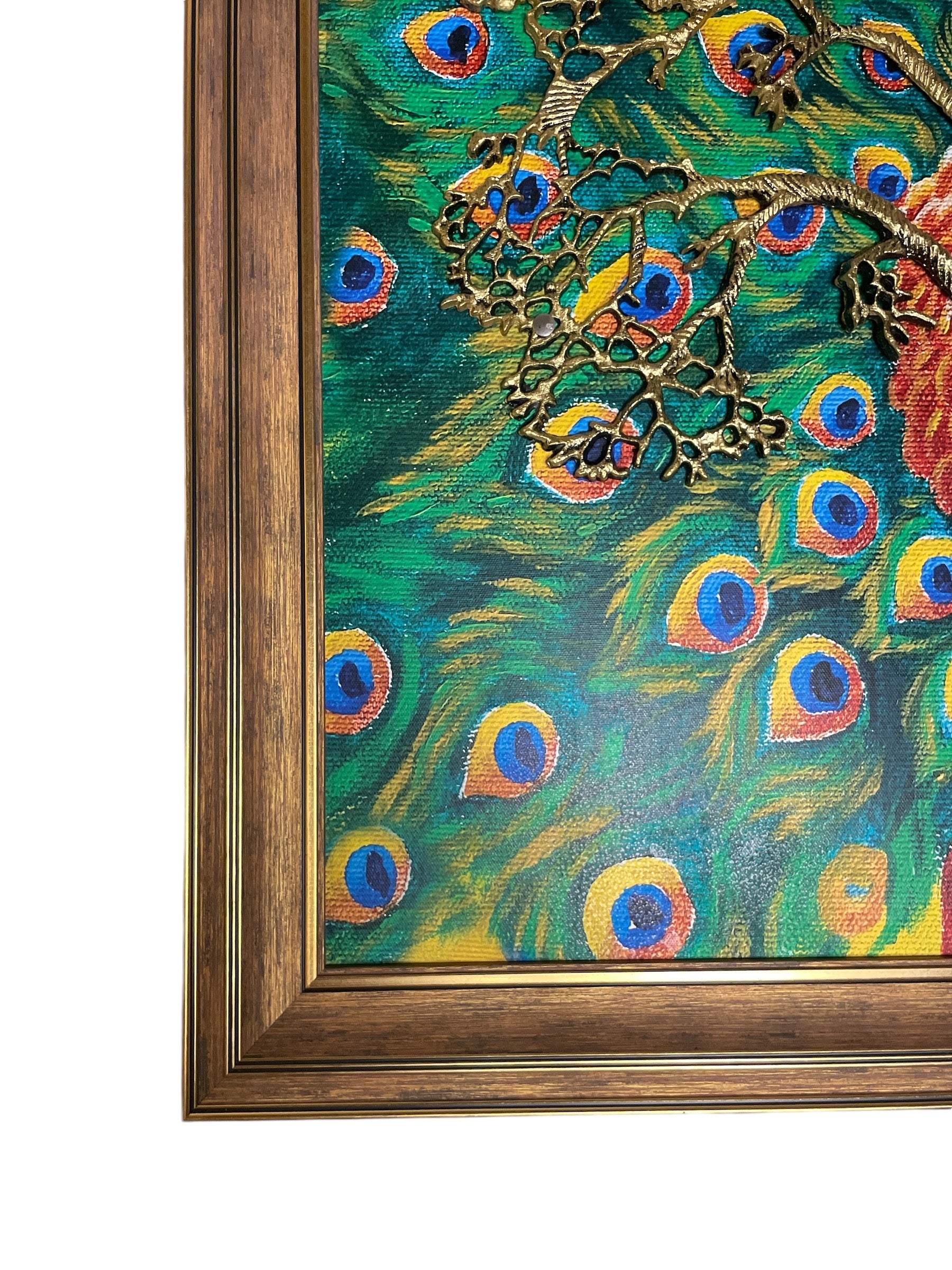 Metal Kalpavriksha Gold color with Peacock Backdrop in moulded Frame