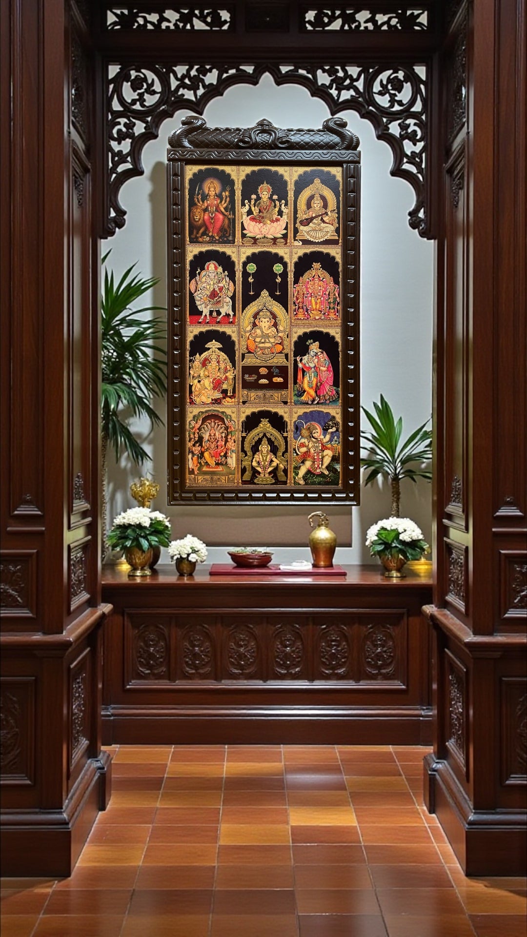 11 Gods in One Frame Gold Leaf Wall Art | Divine Wooden Arch Frame for Pooja Room & Home Temple