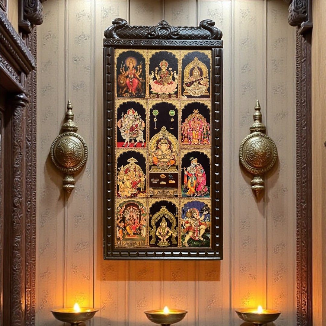 11 Gods in One Frame Gold Leaf Wall Art | Divine Wooden Arch Frame for Pooja Room & Home Temple