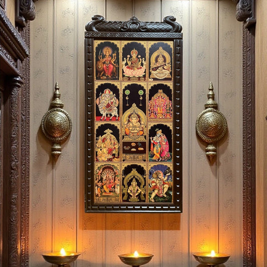 11 Gods in One Frame Gold Leaf Wall Art | Divine Wooden Arch Frame for Pooja Room & Home Temple