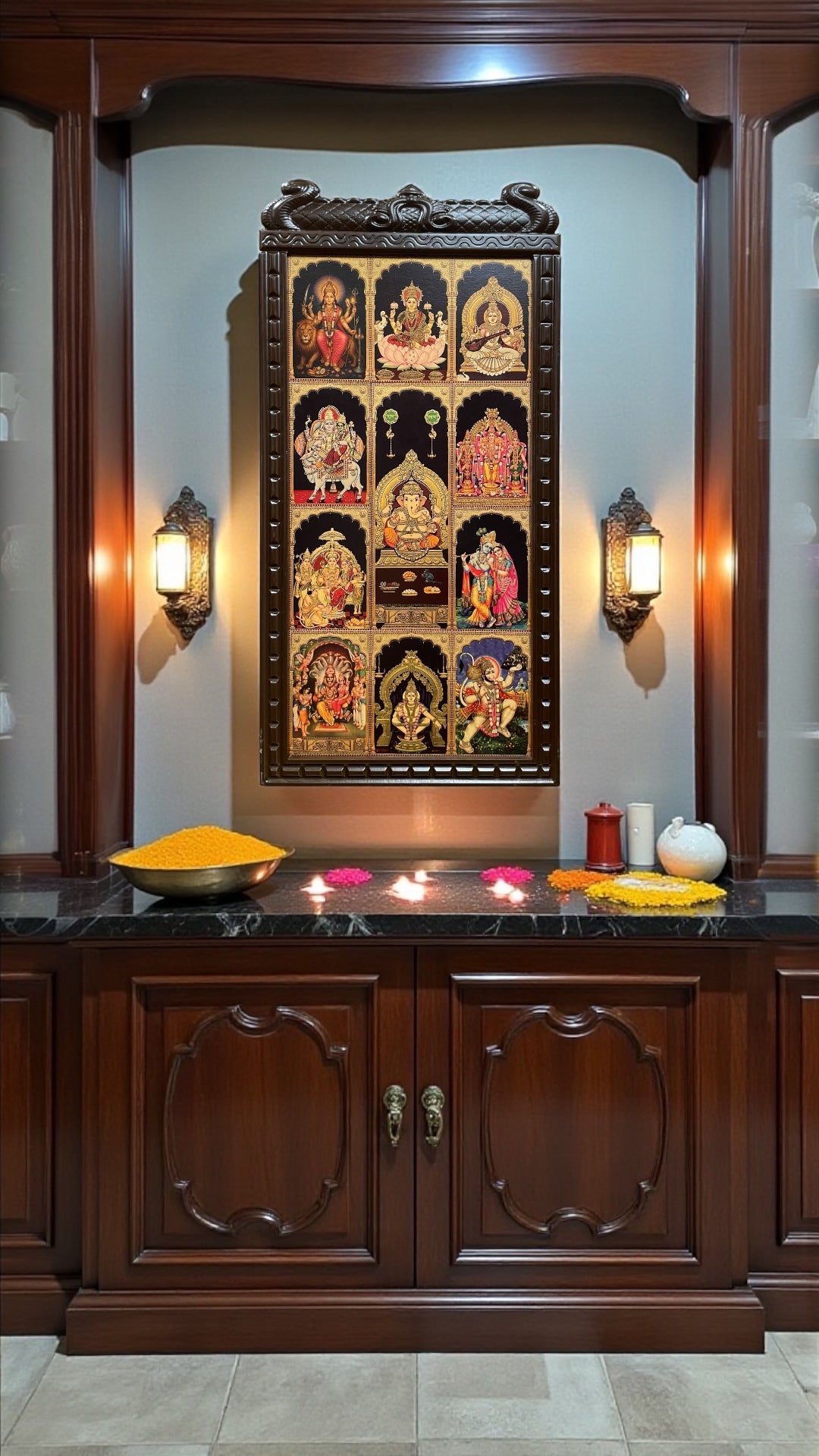11 Gods in One Frame Gold Leaf Wall Art | Divine Wooden Arch Frame for Pooja Room & Home Temple