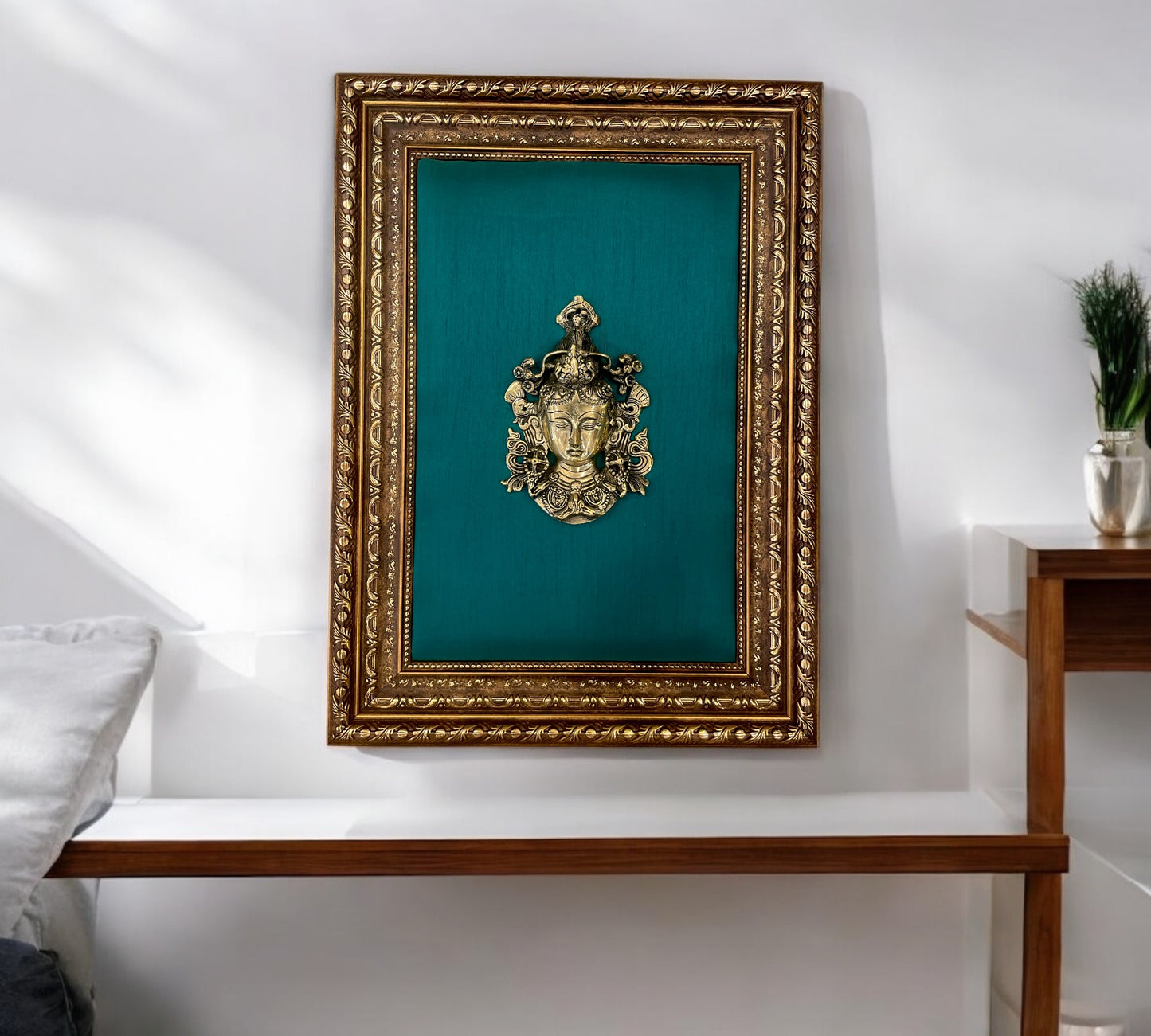 Brass Thara with Green Cushion Backdrop in moulded frame