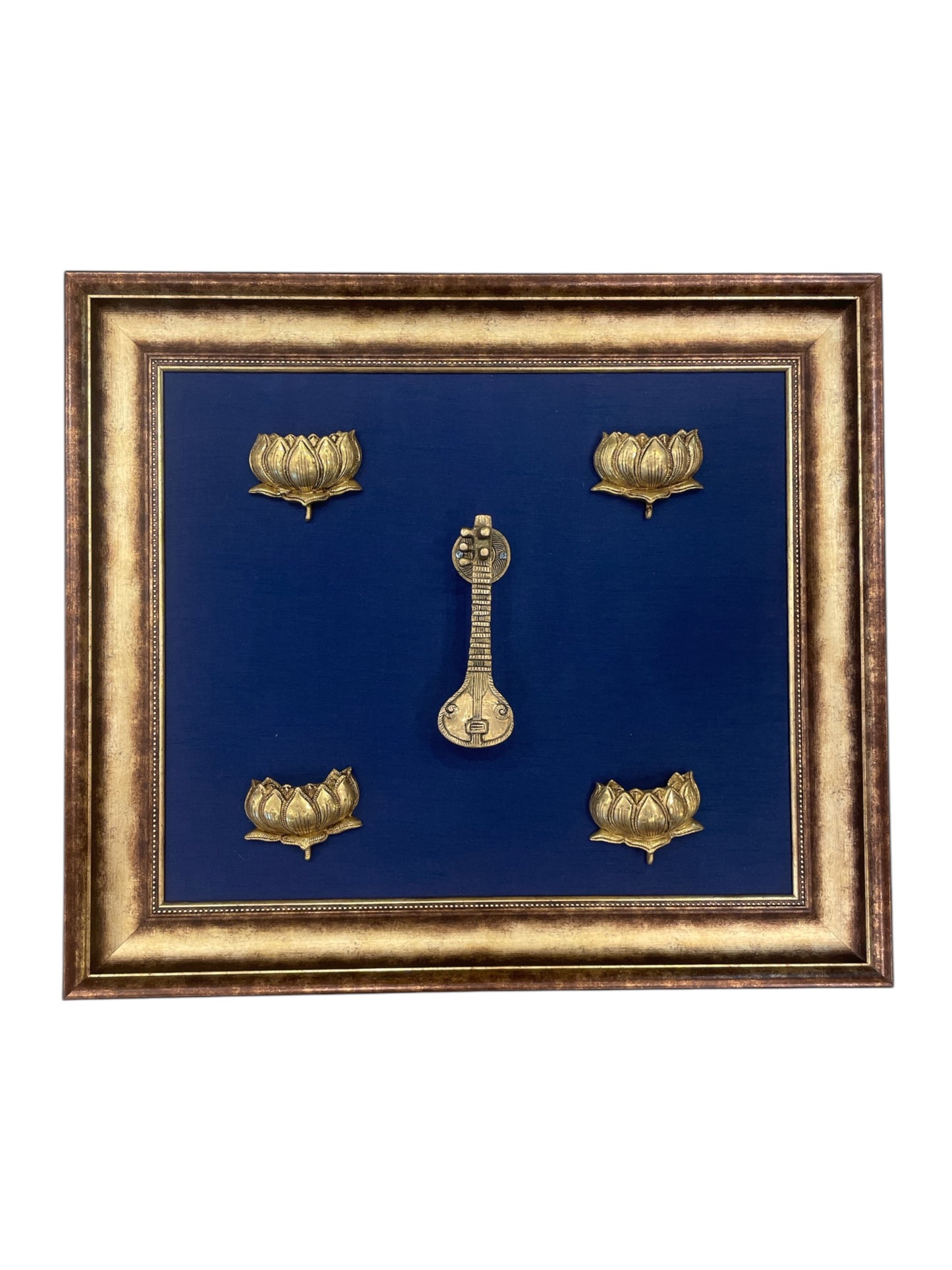 Brass Veena & Lotus with Blue backdrop in moulded frame