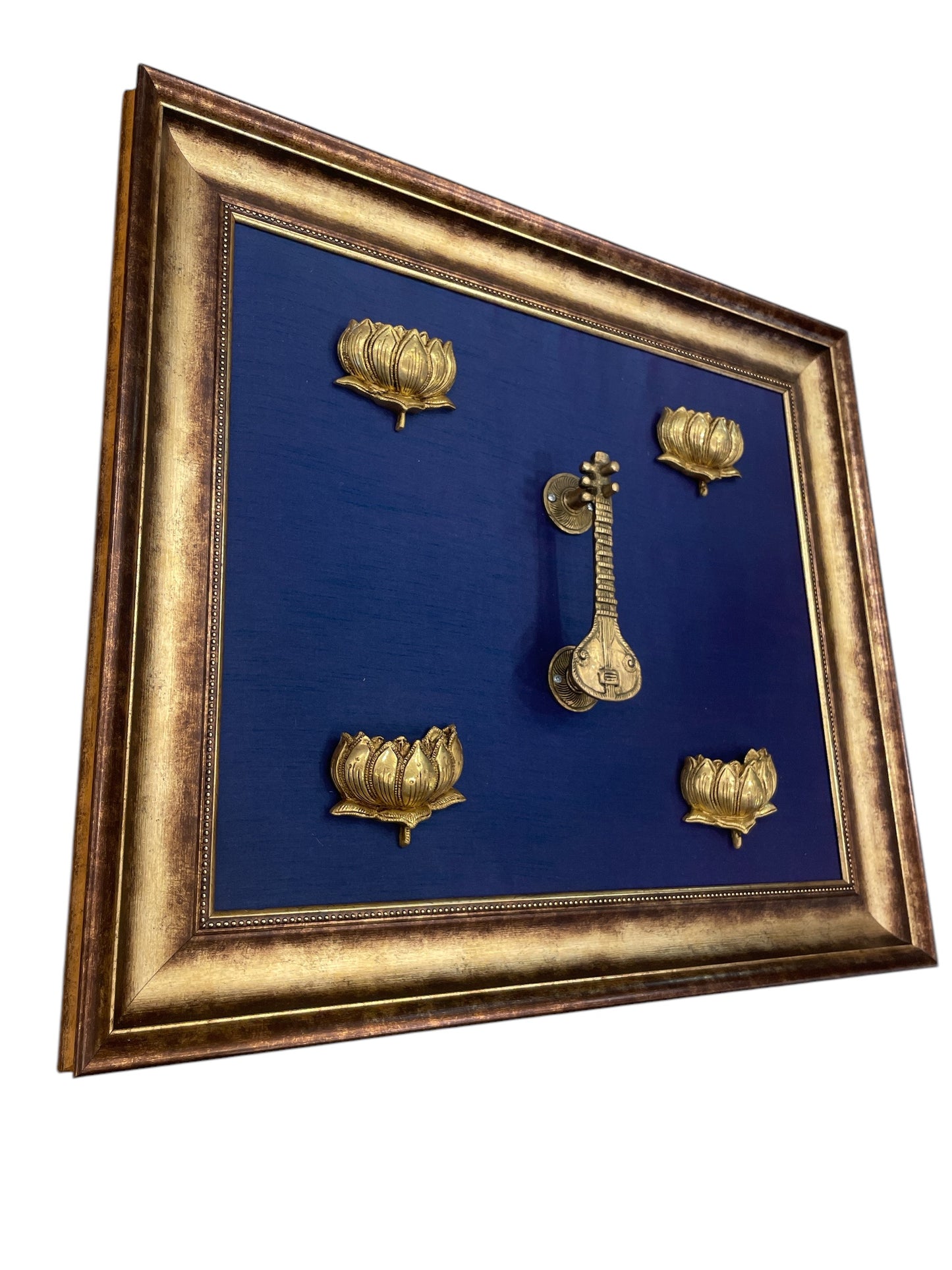 Brass Veena & Lotus with Blue backdrop in moulded frame