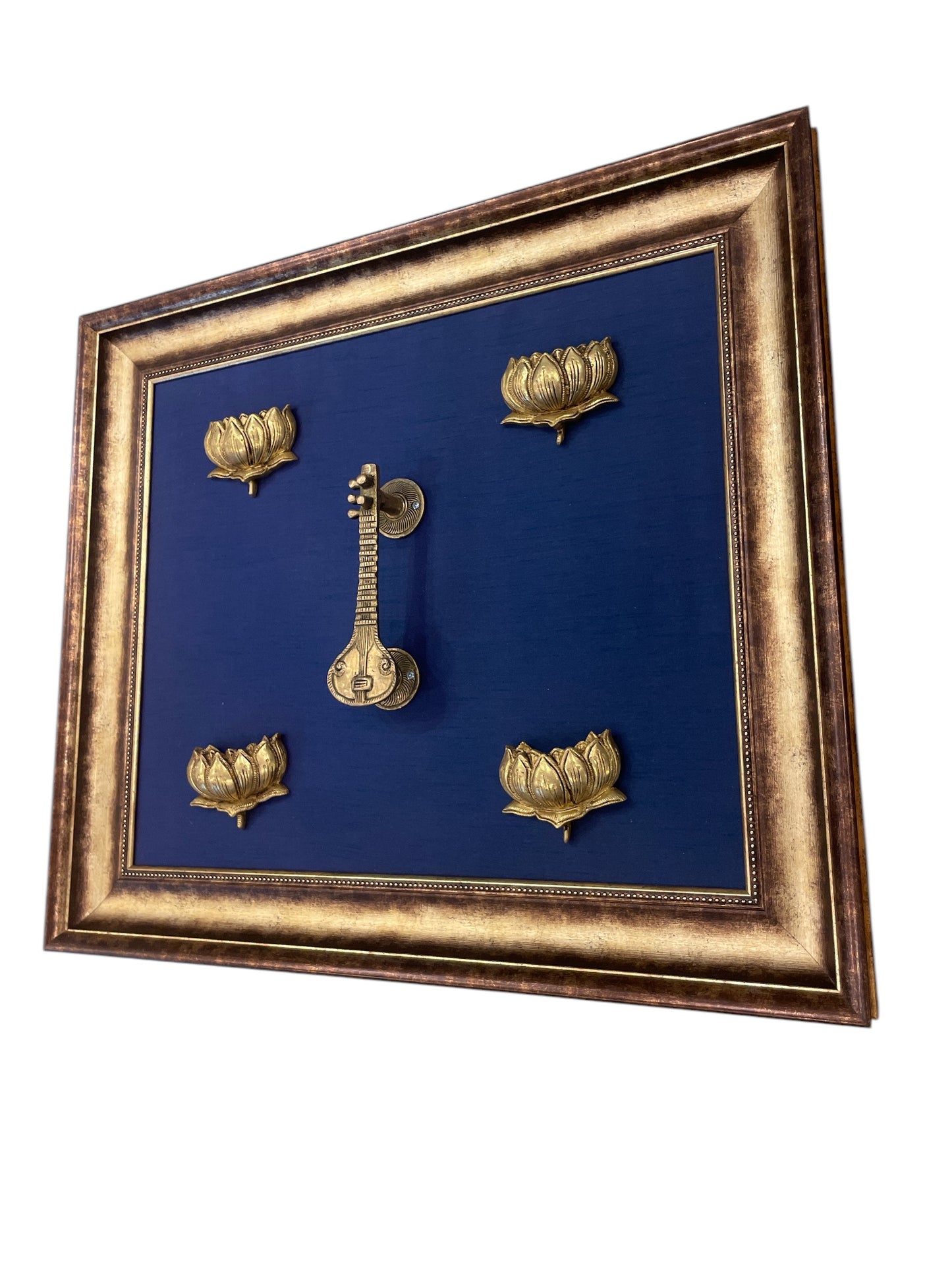 Brass Veena & Lotus with Blue backdrop in moulded frame