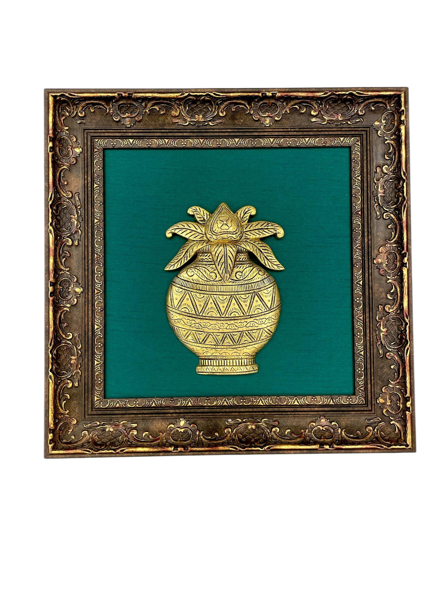 Brass Kalash with green Backdrop in moulded frame