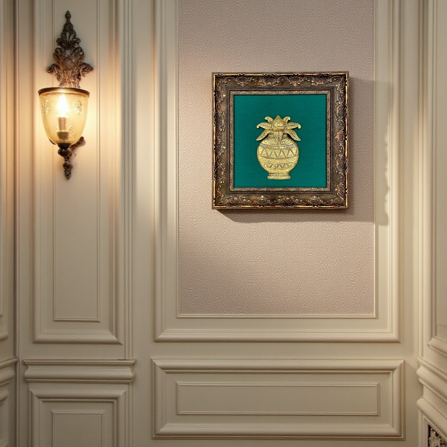 Brass Kalash with green Backdrop in moulded frame