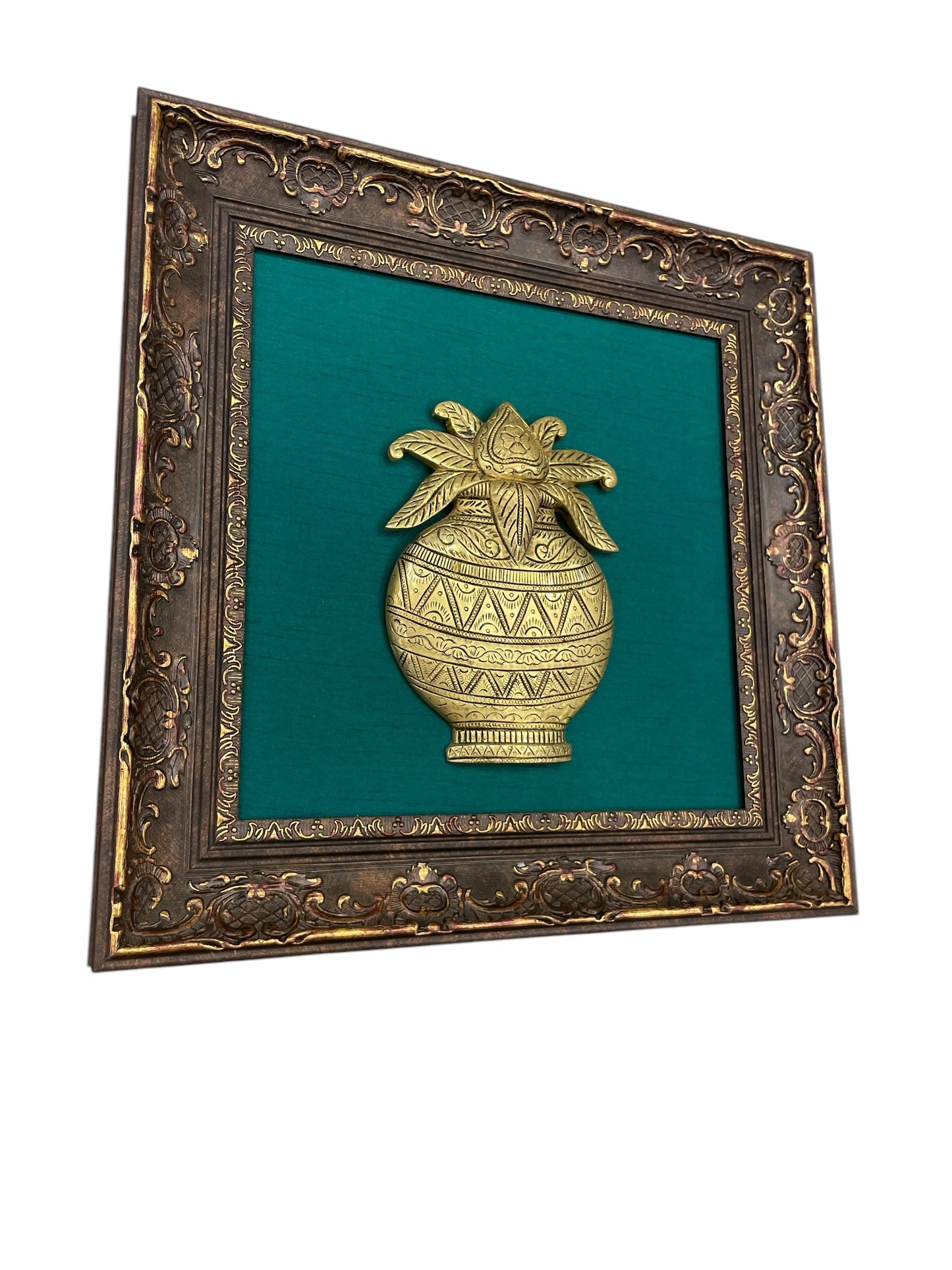 Brass Kalash with green Backdrop in moulded frame