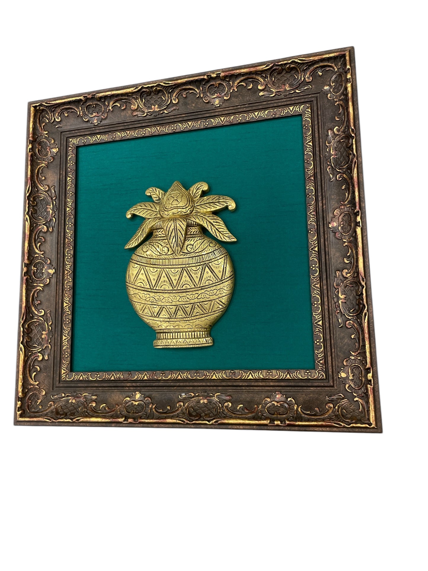 Brass Kalash with green Backdrop in moulded frame