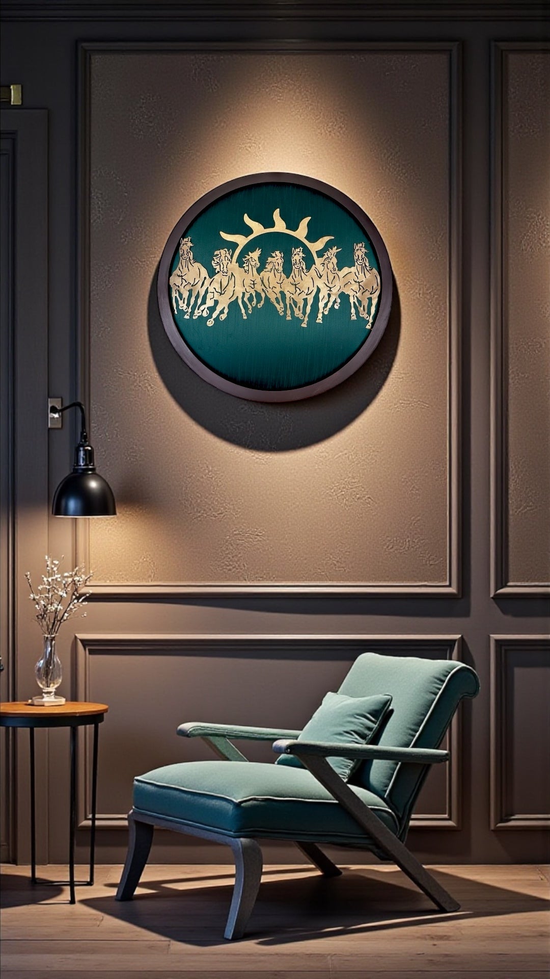 7 Running Horses Metal Wall Art with Green Silk Backdrop | Wooden Frame