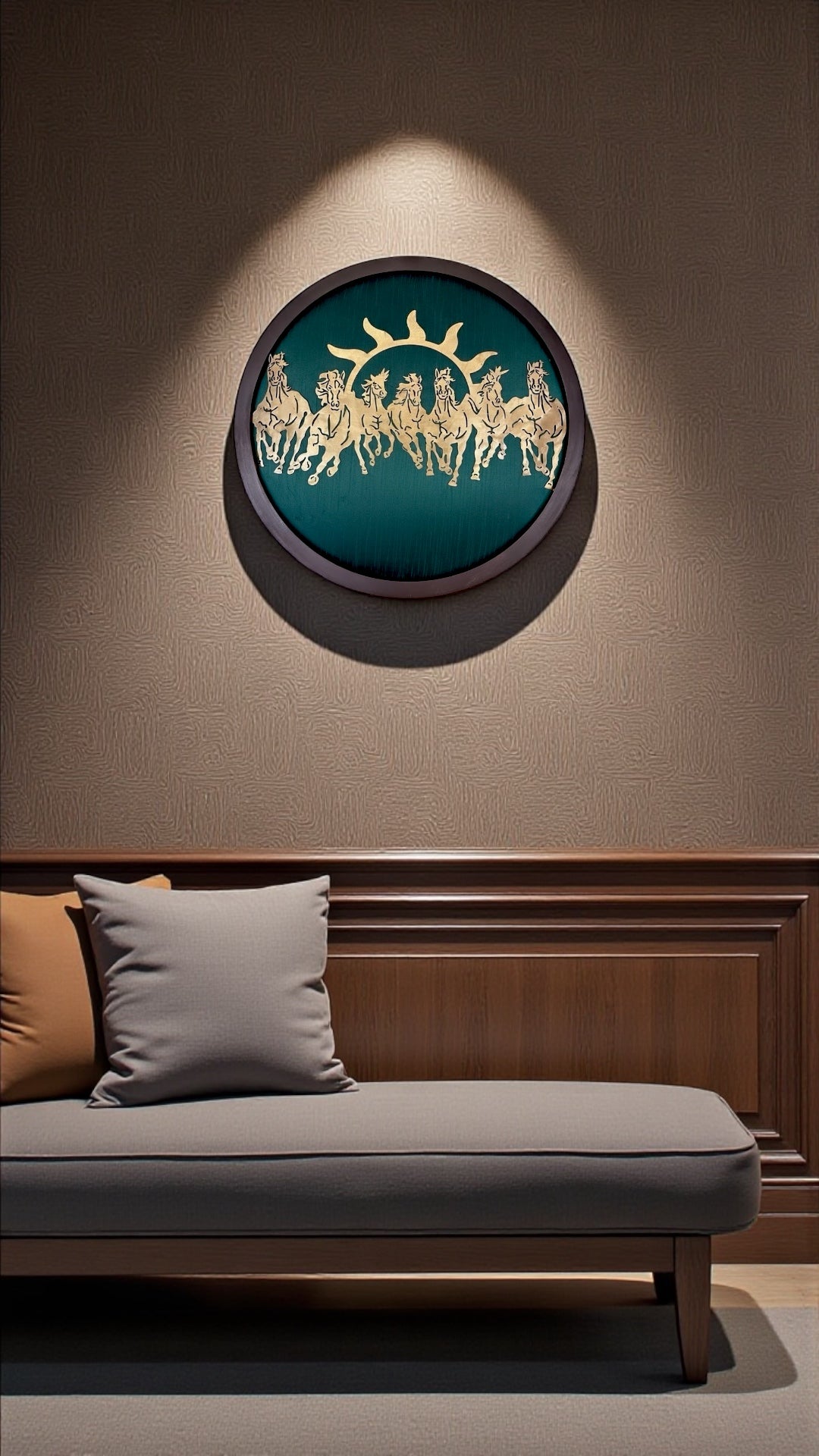 7 Running Horses Metal Wall Art with Green Silk Backdrop | Wooden Frame