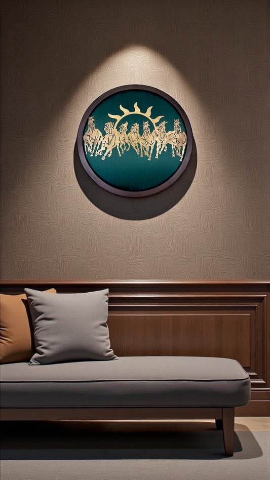 7 Running Horses Metal Wall Art with Green Silk Backdrop | Wooden Frame