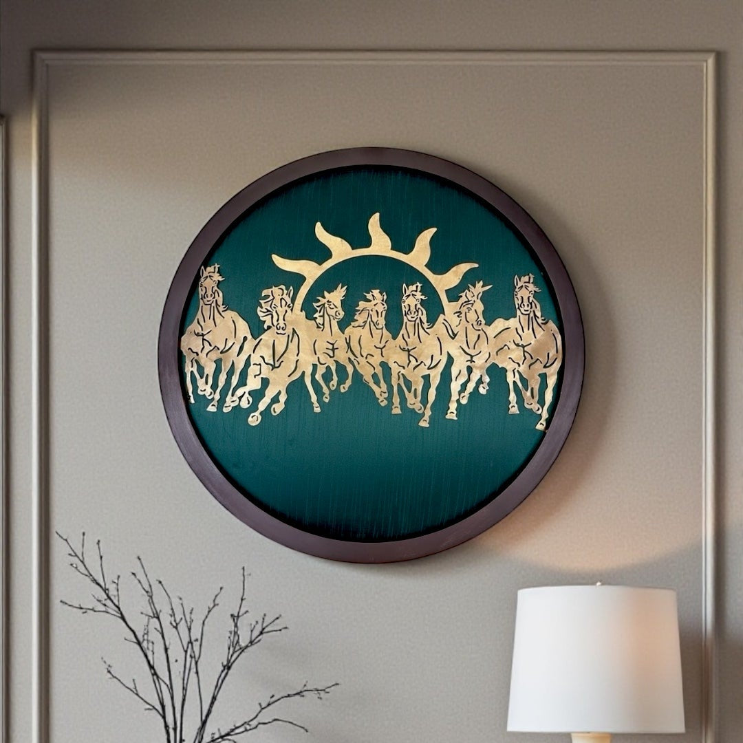 7 Running Horses Metal Wall Art with Green Silk Backdrop | Wooden Frame