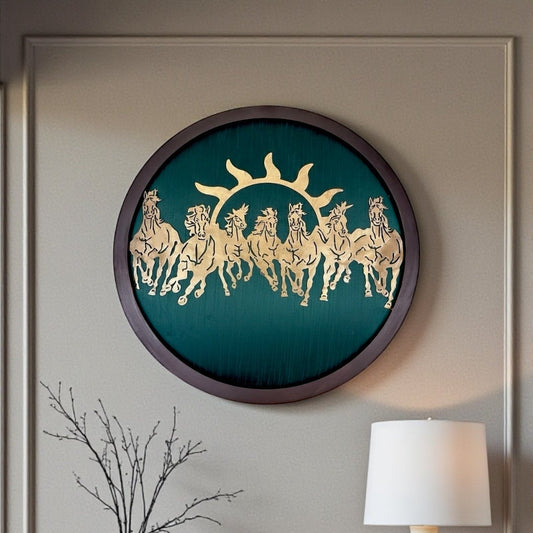 7 Running Horses Metal Wall Art with Green Silk Backdrop | Wooden Frame