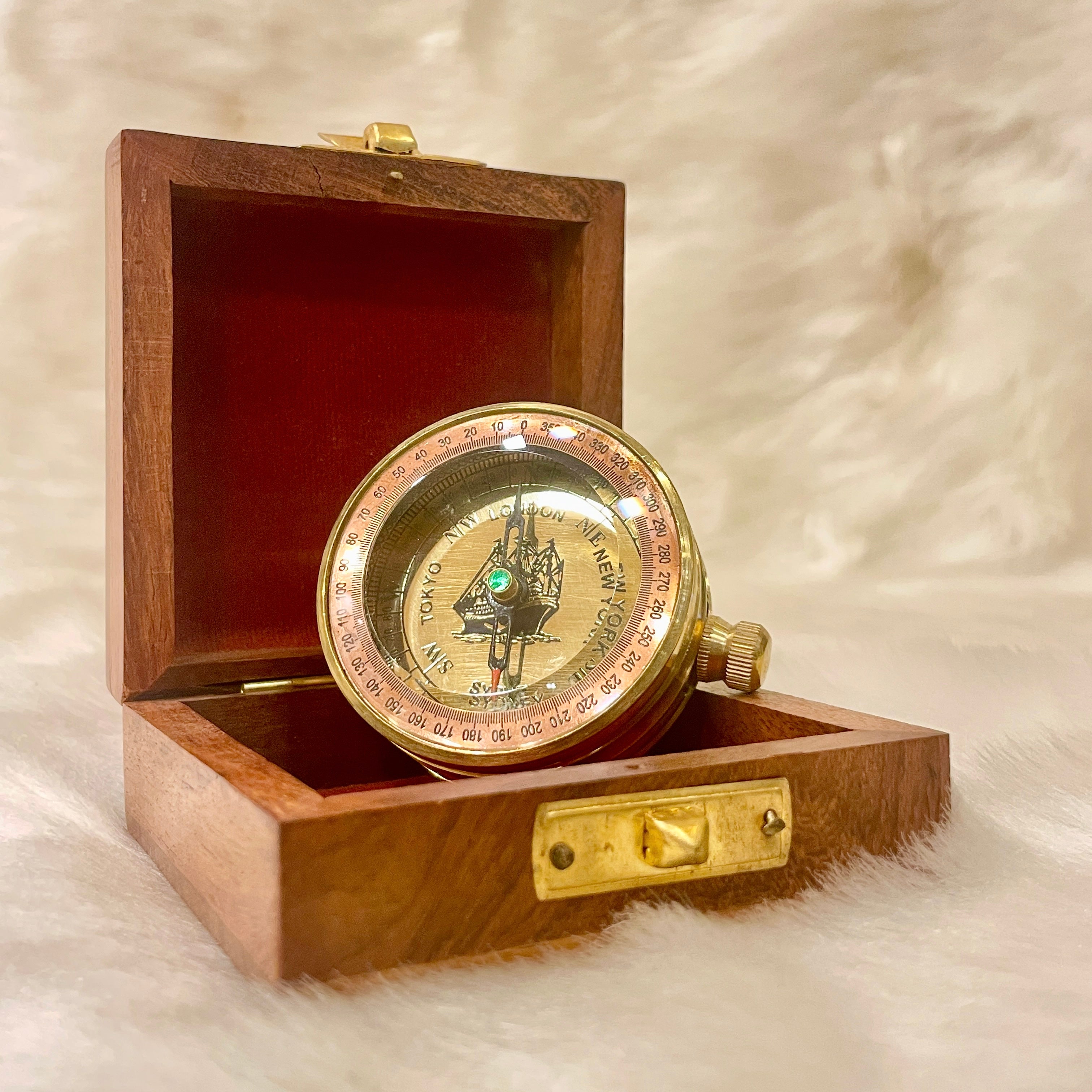 Brass Compass in Wooden Boxh