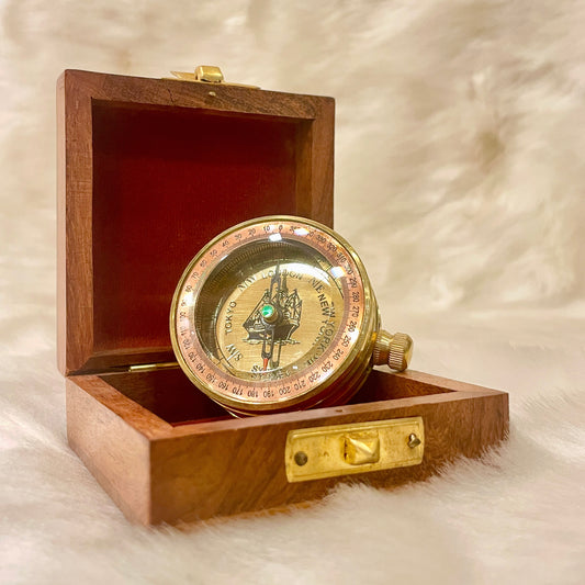 Brass Compass in Wooden Box
