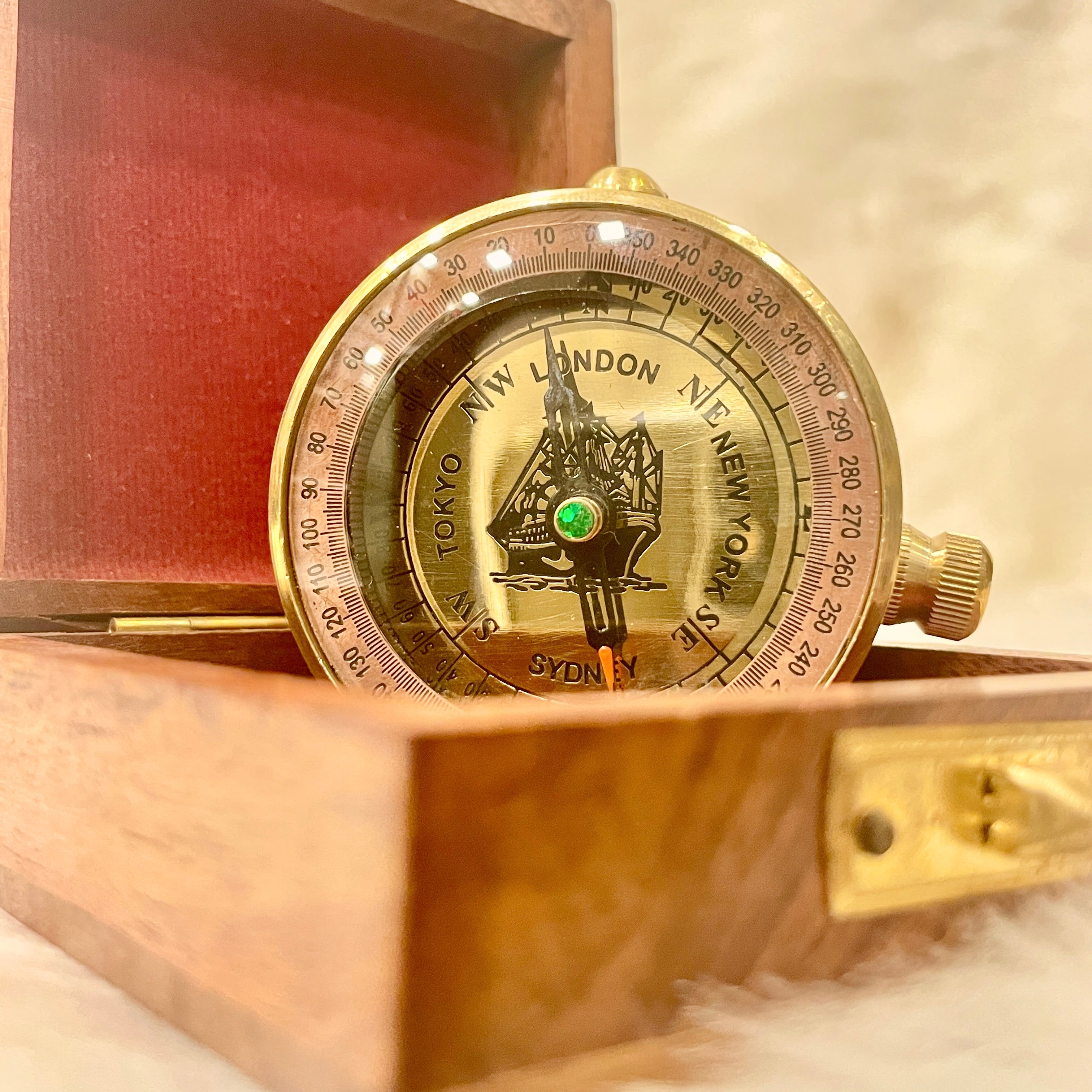 Brass Compass in Wooden Boxh