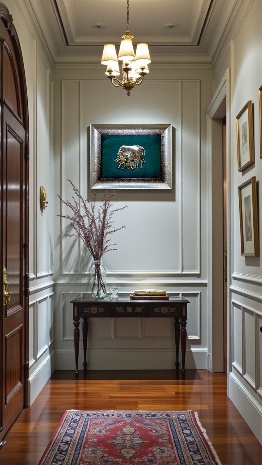 Brass Kamadhenu and Calf with Rama green cushion in Moulded Frame