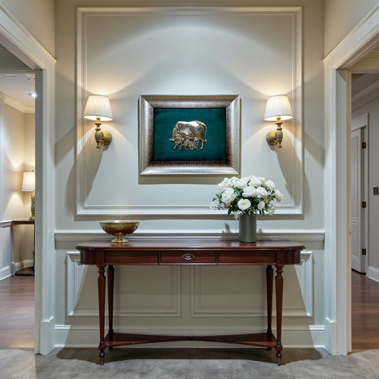 Brass Kamadhenu and Calf with Rama green cushion in Moulded Frame