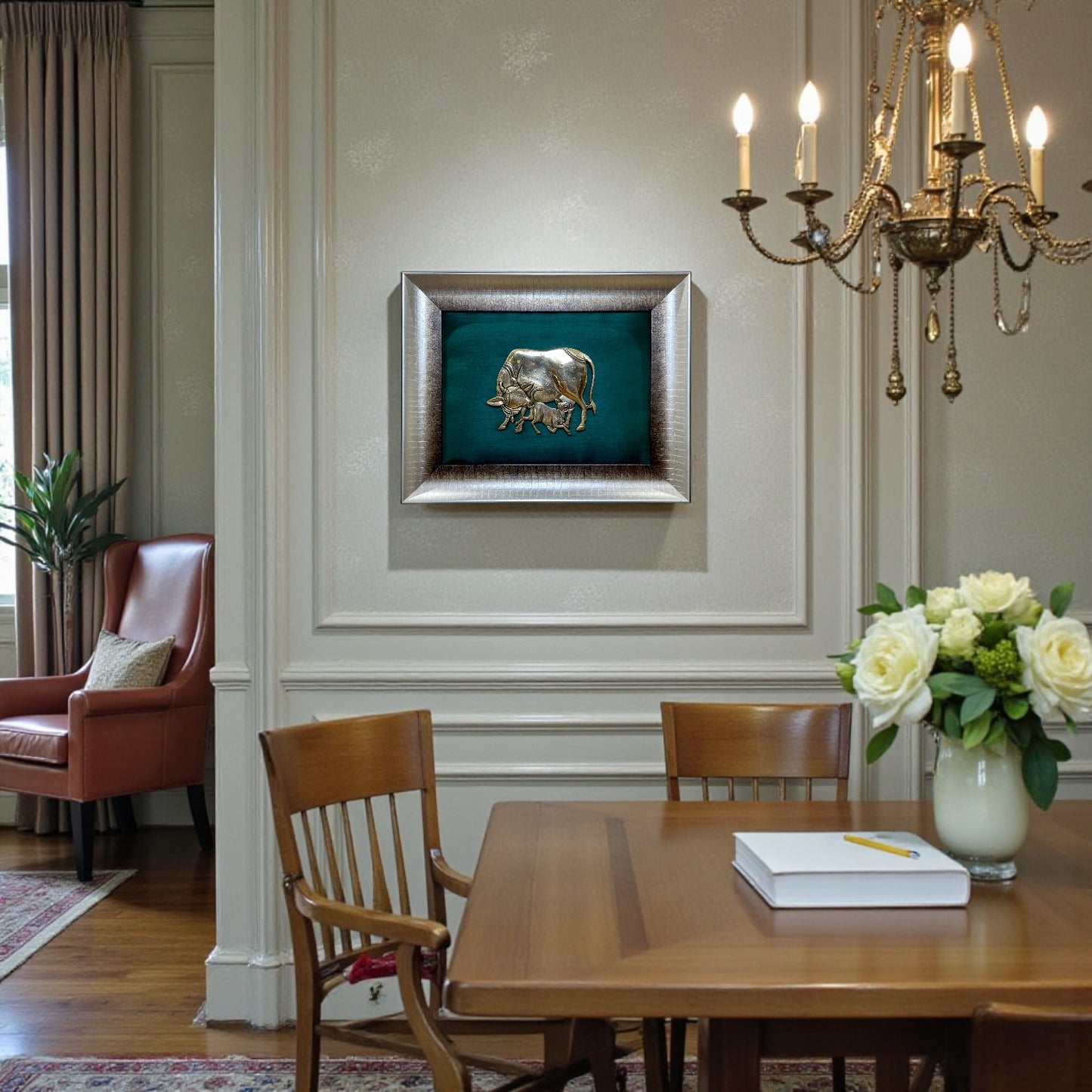 Brass Kamadhenu and Calf with Rama green cushion in Moulded Frame