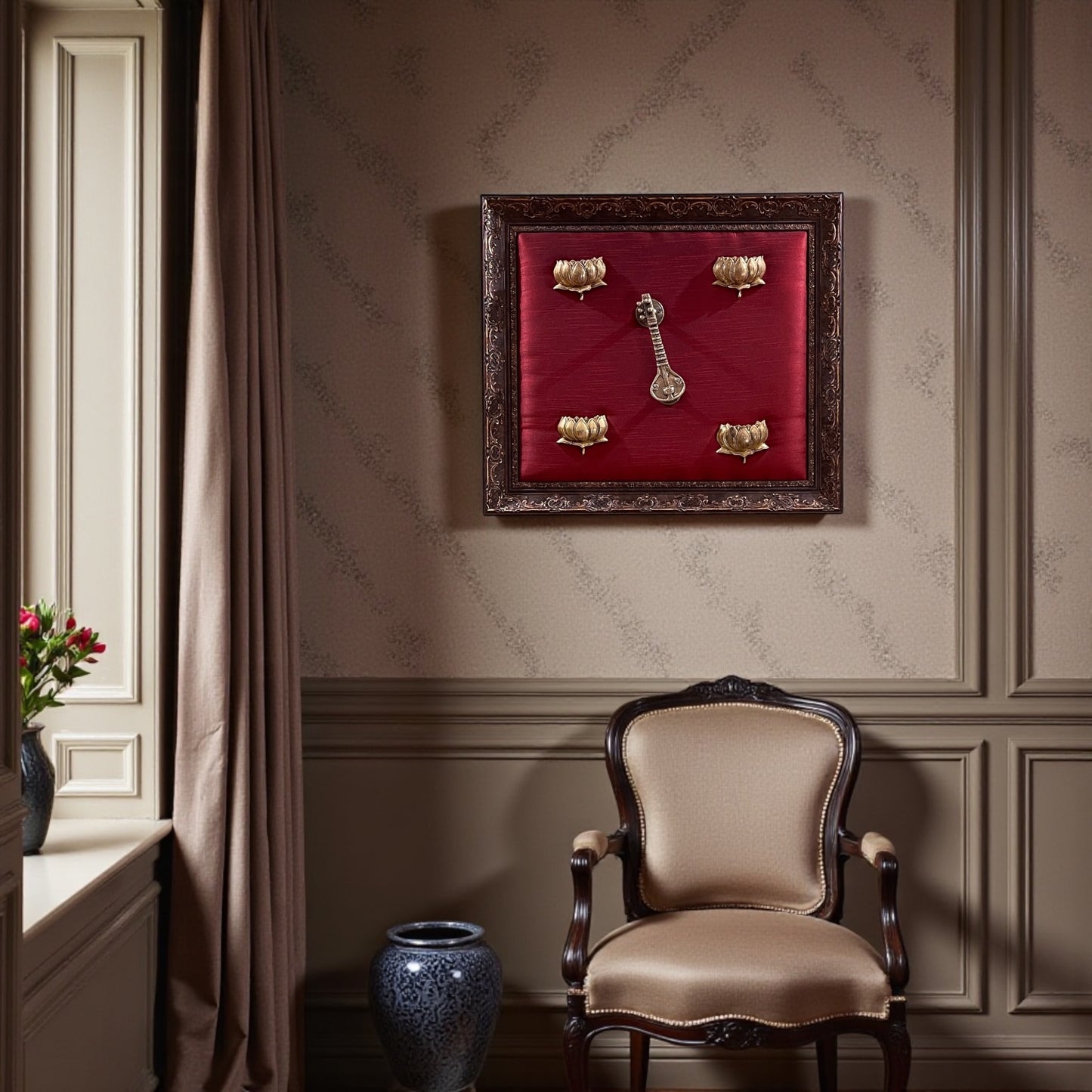 Brass Veena with 4 Lotus on Red Silk Backdrop in Moulded Frame