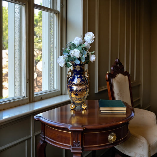 Blue Ceramic Flower Vase with Elegant Golden Design | Luxury Home Décor Accent