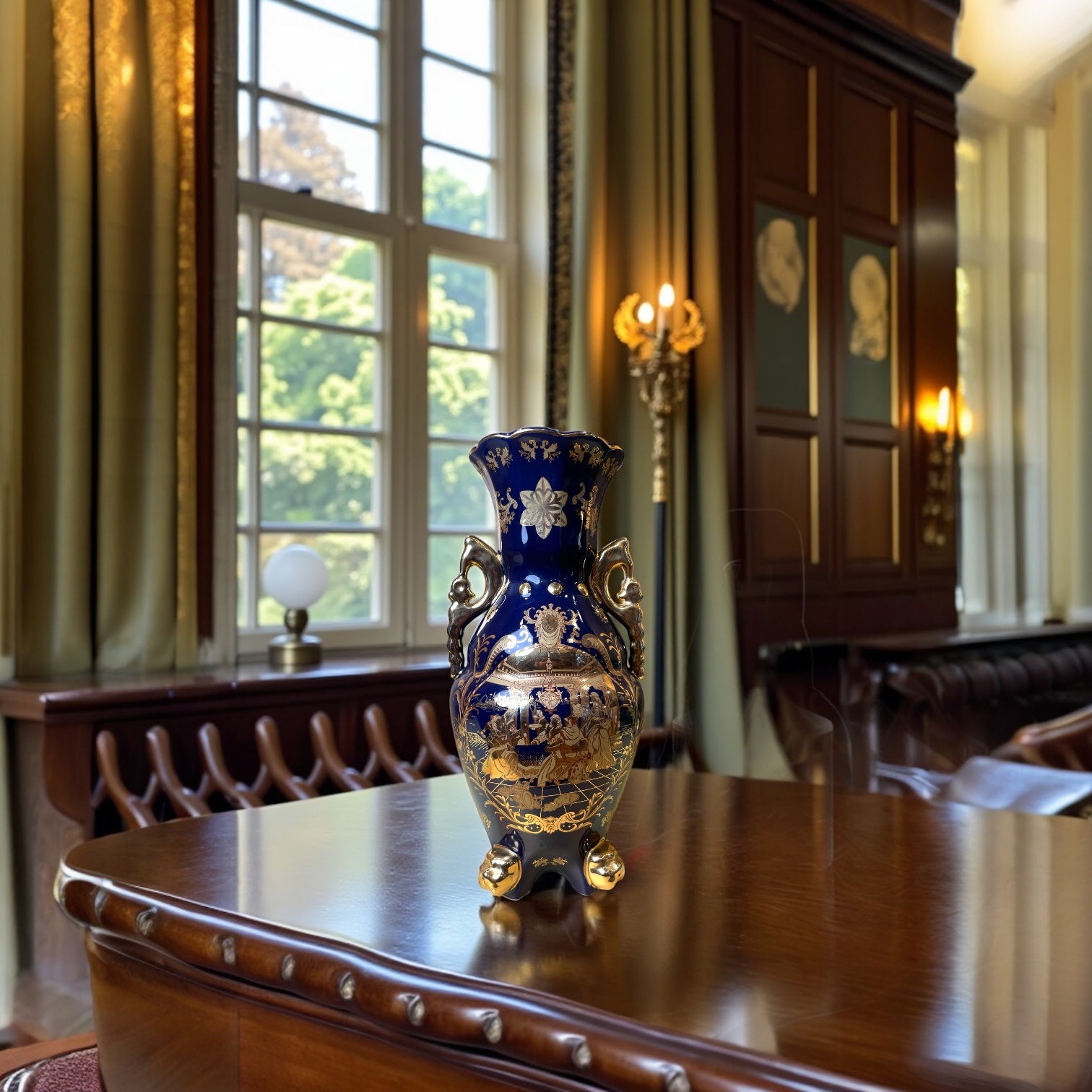 Blue Ceramic Flower Vase with Elegant Golden Design | Luxury Home Décor Accent