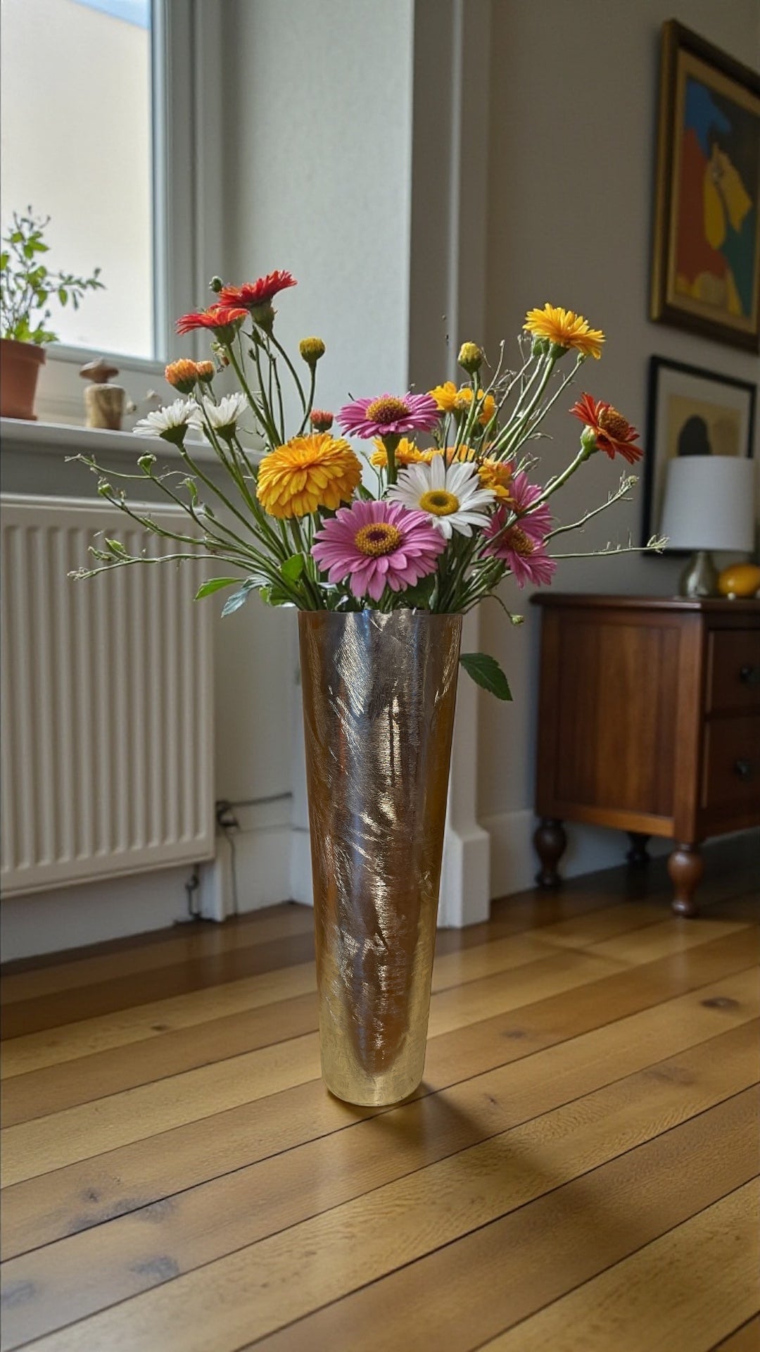 Elegant Gold looking Mild Steel Flower Vase with Textured Finish | Modern Metal Home Décor