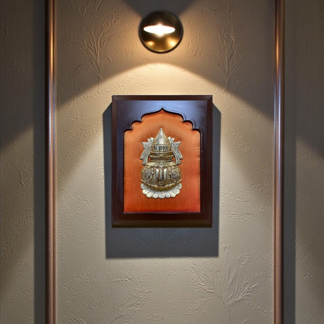 Kuber Kalash with Shanku Chakra Namam | Vastu Prosperity Wall Art on Orange Silk