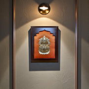 Kuber Kalash with Shanku Chakra Namam | Vastu Prosperity Wall Art on Orange Silk