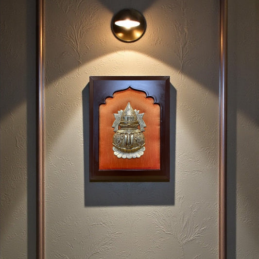 Kuber Kalash with Shanku Chakra Namam | Vastu Prosperity Wall Art on Orange Silk