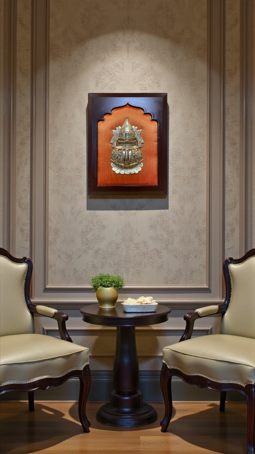 Kuber Kalash with Shanku Chakra Namam | Vastu Prosperity Wall Art on Orange Silk