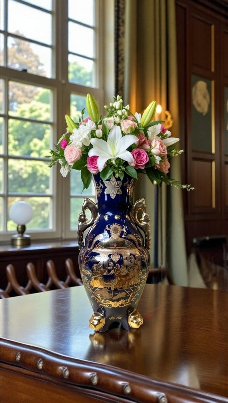 Blue Ceramic Flower Vase with Elegant Golden Design | Luxury Home Décor Accent