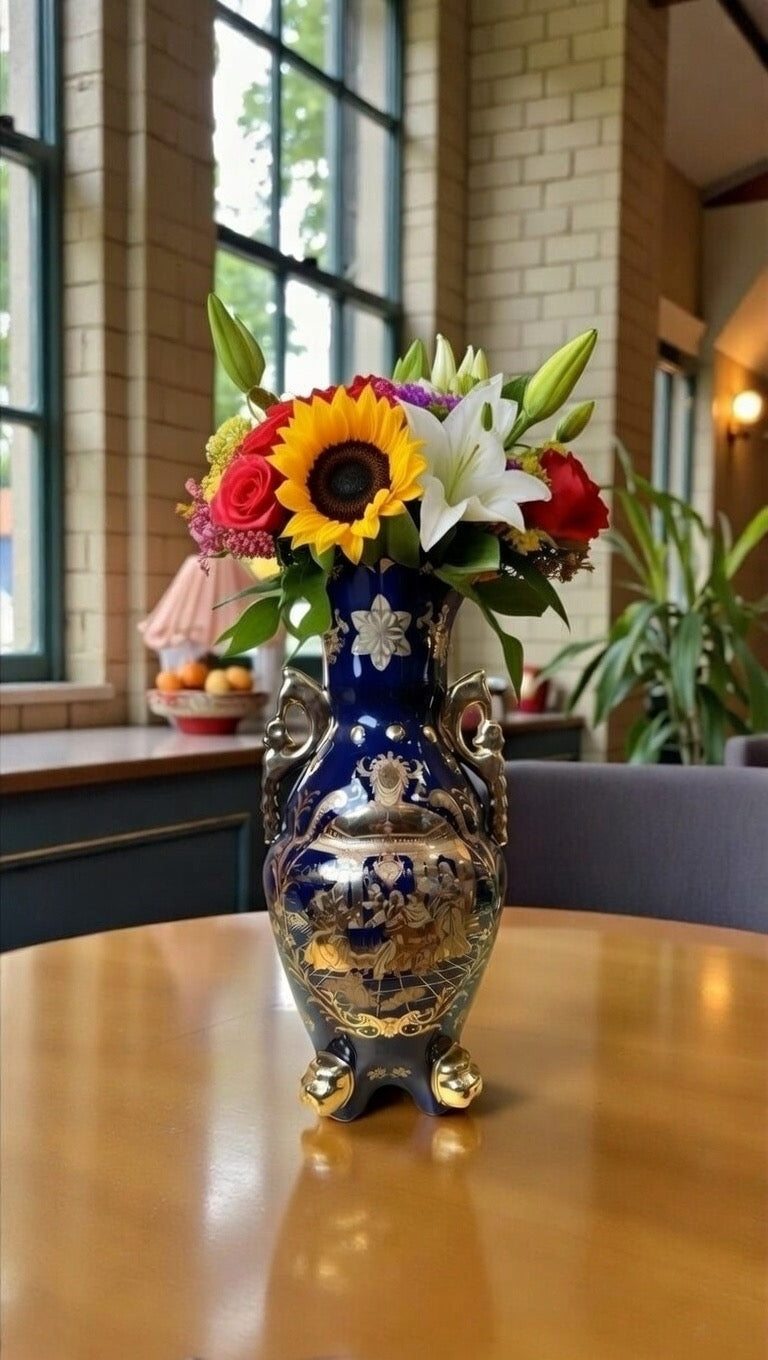 Blue Ceramic Flower Vase with Elegant Golden Design | Luxury Home Décor Accent