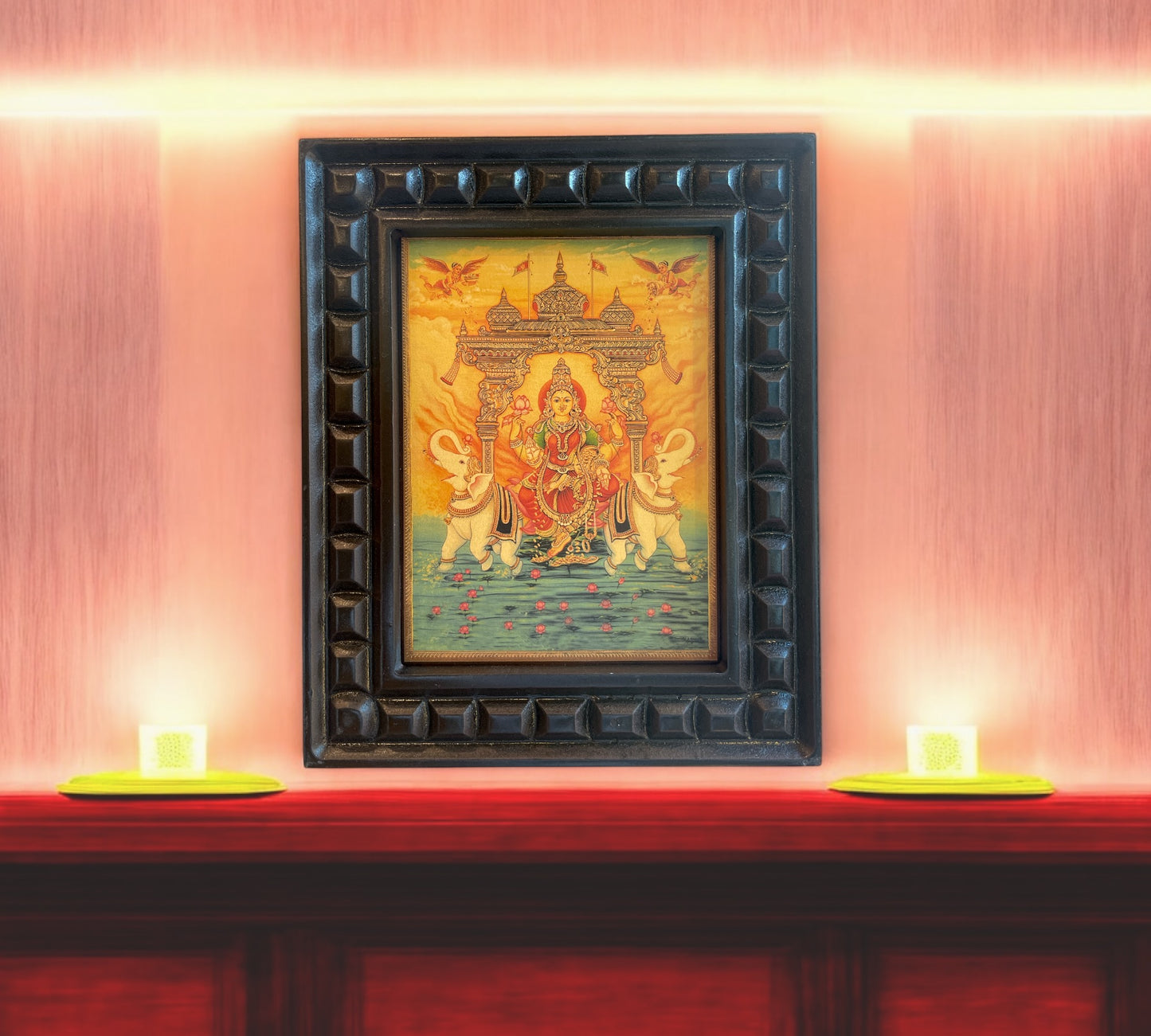 Gaja Lakshmi Gold Leaf Wooden Carved Photo Frame ideal for your north east wall