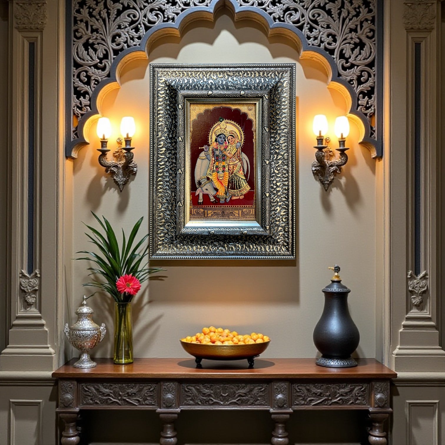 Silver Moulded Radha Krishna Wall Art Frame – Contemporary Spiritual Decor