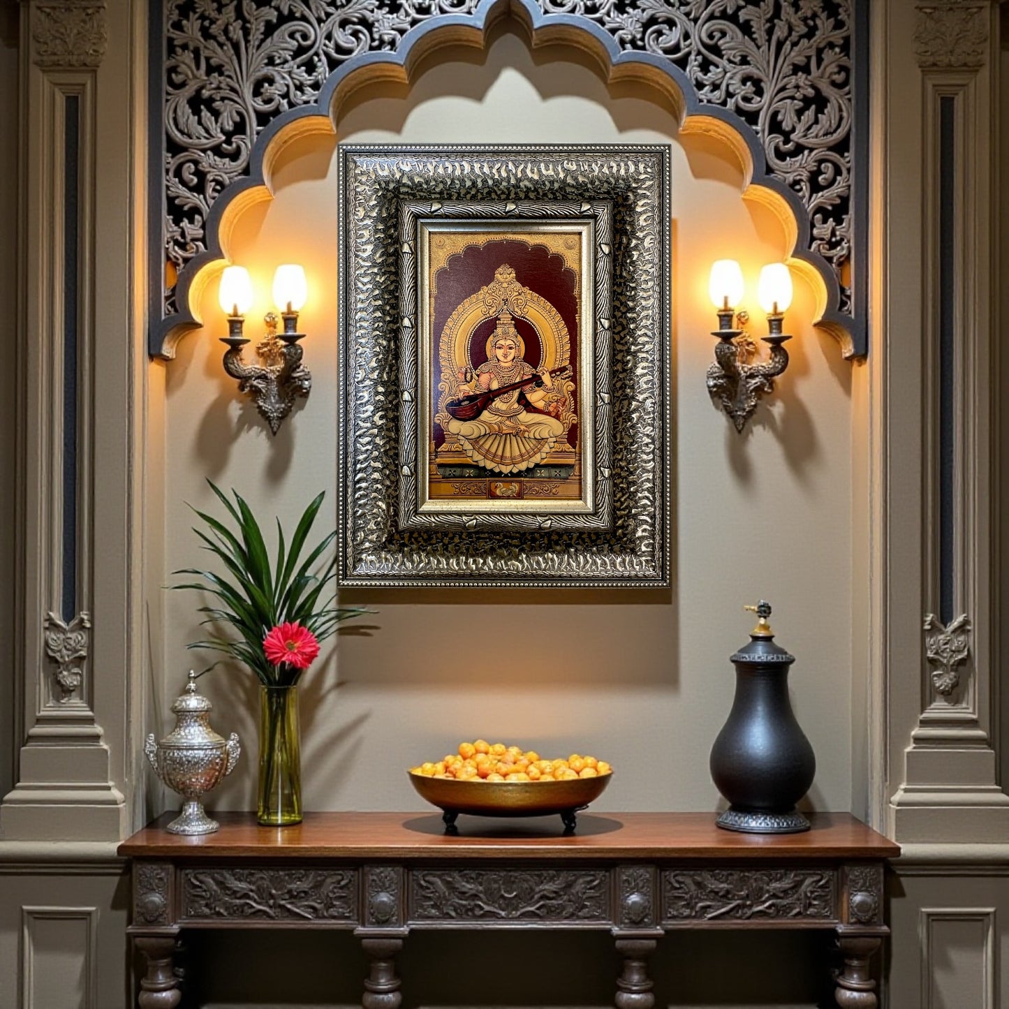 Silver Moulded Goddess Saraswati Wall Art Frame – Contemporary Spiritual Decor