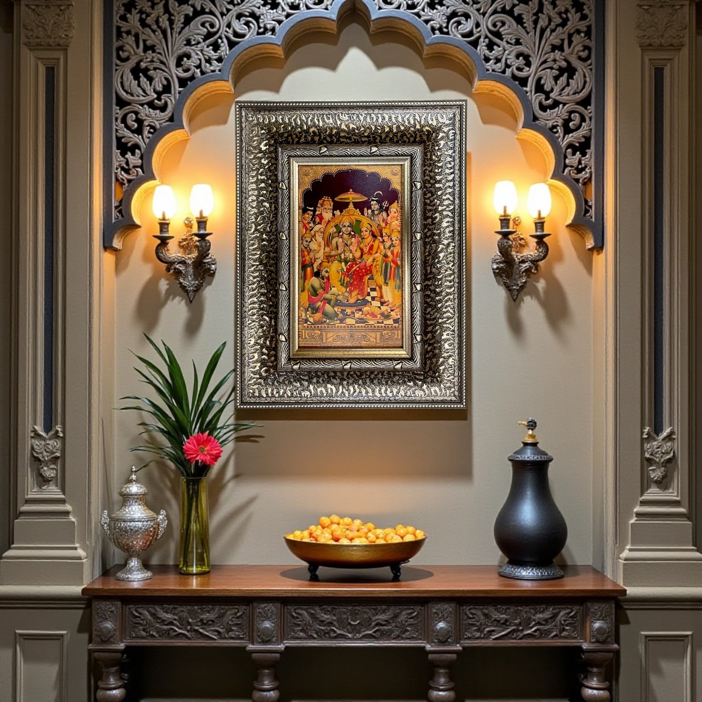 Silver Moulded Lord Rama Pattabhisheka Wall Art Frame – Contemporary Spiritual Decor