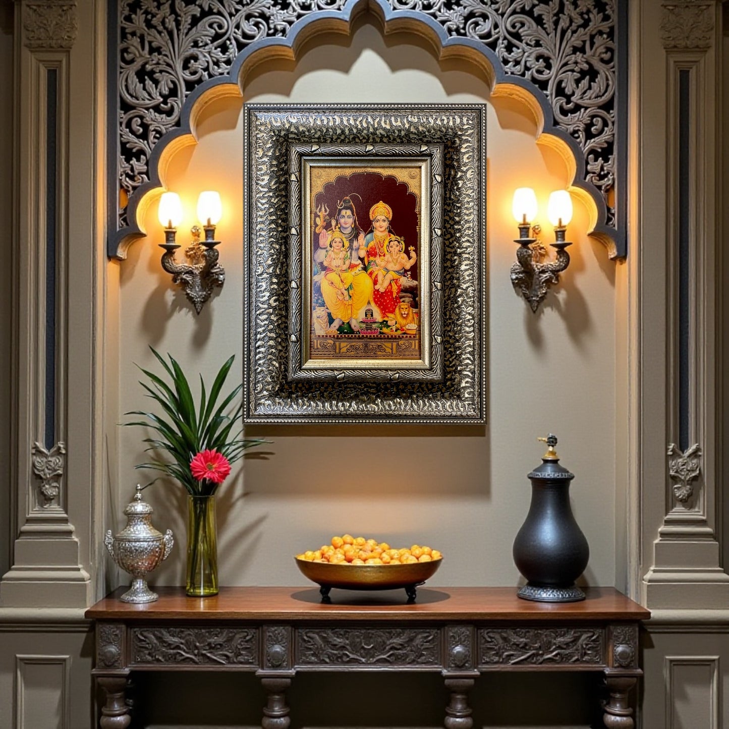 Silver Moulded Shiva Parivar Wall Art Frame – Contemporary Spiritual Decor